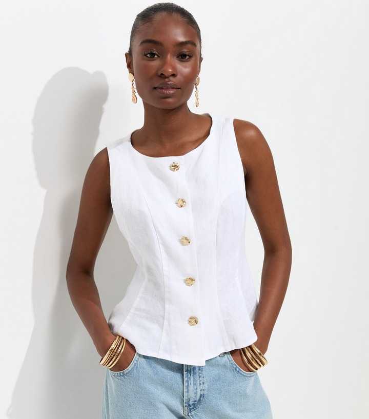 Off White Linen Rich Gold Tone Button Waistcoat
