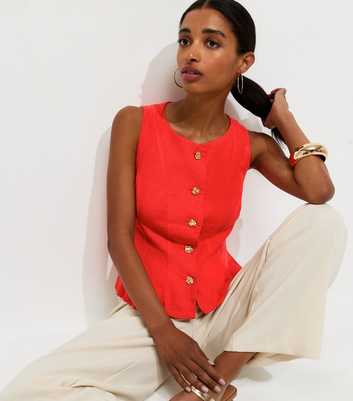 Bright Red Linen Rich Gold Tone Button Waistcoat