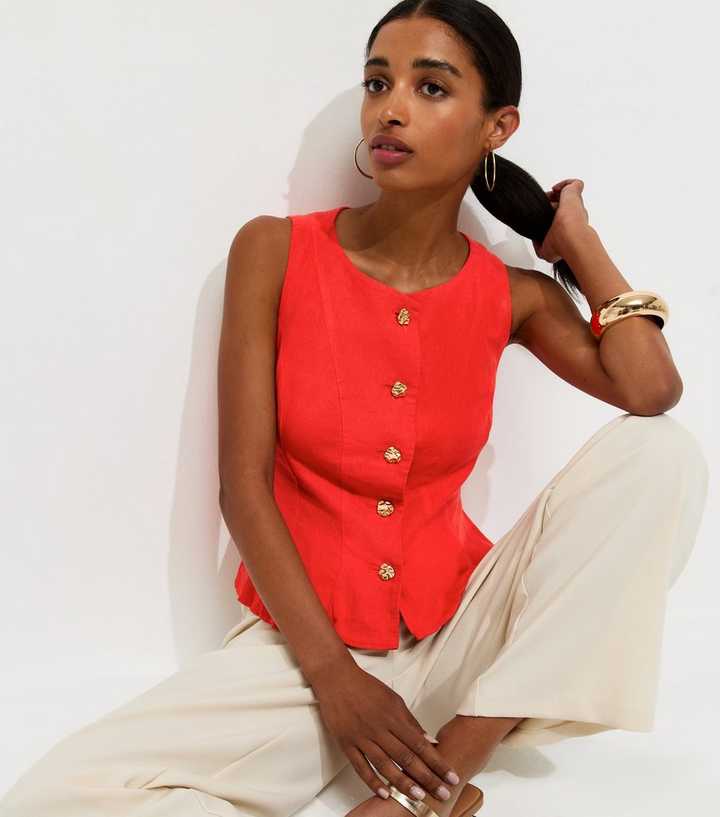 Bright Red Linen Rich Gold Tone Button Waistcoat