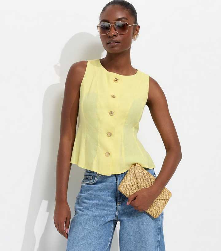 Light Yellow Linen Rich Gold Tone Button Waistcoat