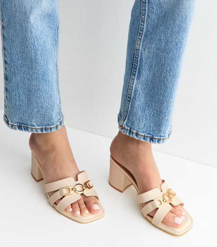 Extra Wide Fit Off White Block Heel Mules