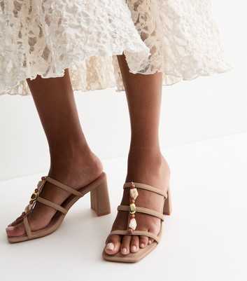 Camel Faux Leather Beaded Block Heel Mules