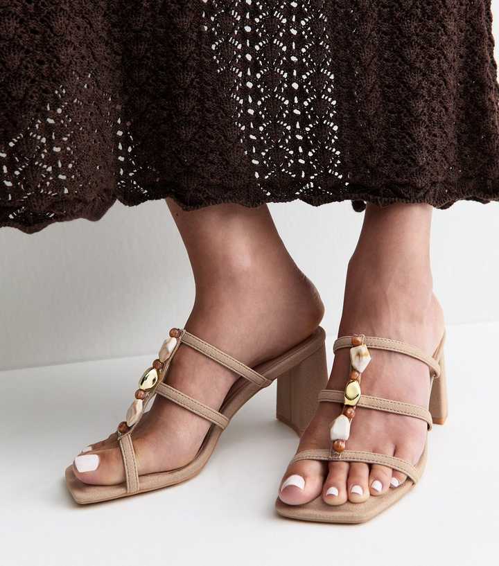 Camel Faux Leather Beaded Block Heel Mules
