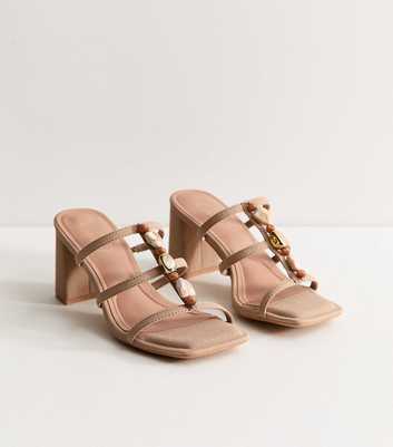 Camel Faux Leather Beaded Block Heel Mules