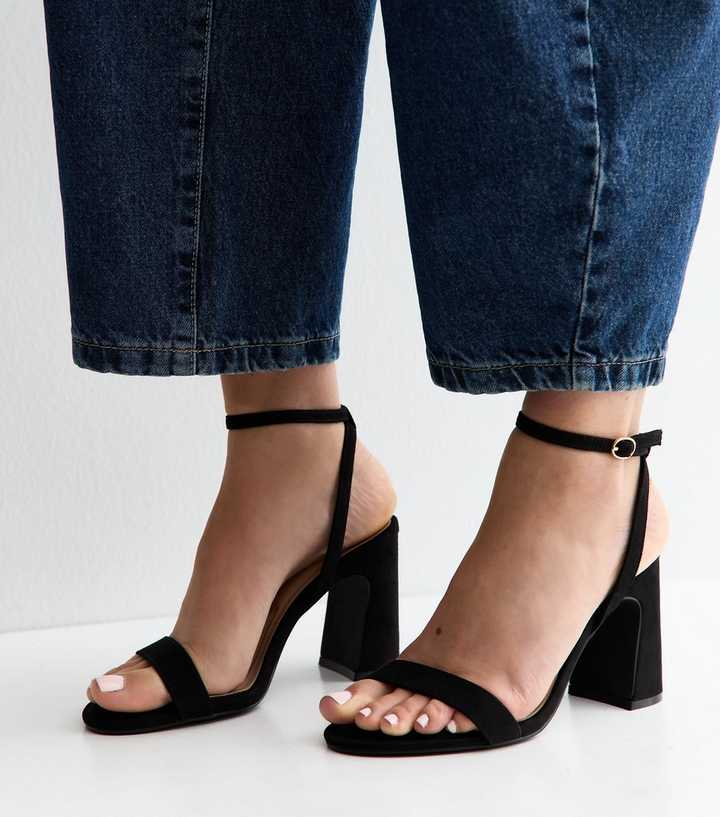 Black Faux Suede Block Heel Sandals