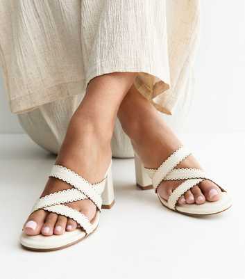 Off White Faux Leather Scallop Strap Mules