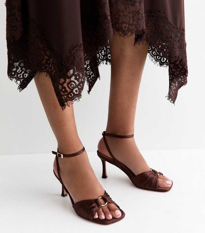 Dark Brown Ring Detail Satin Stiletto Sandals