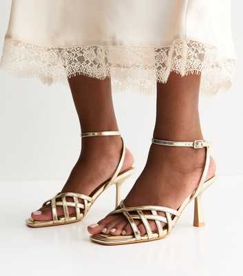 Gold Faux Leather Cage Stiletto Sandals