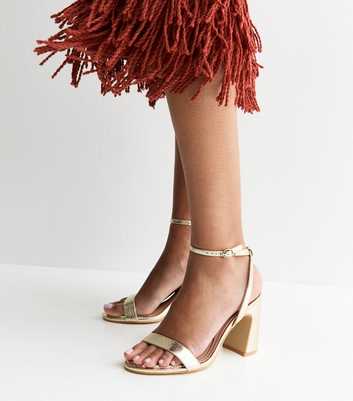 Gold Faux Leather Block Heel Sandals