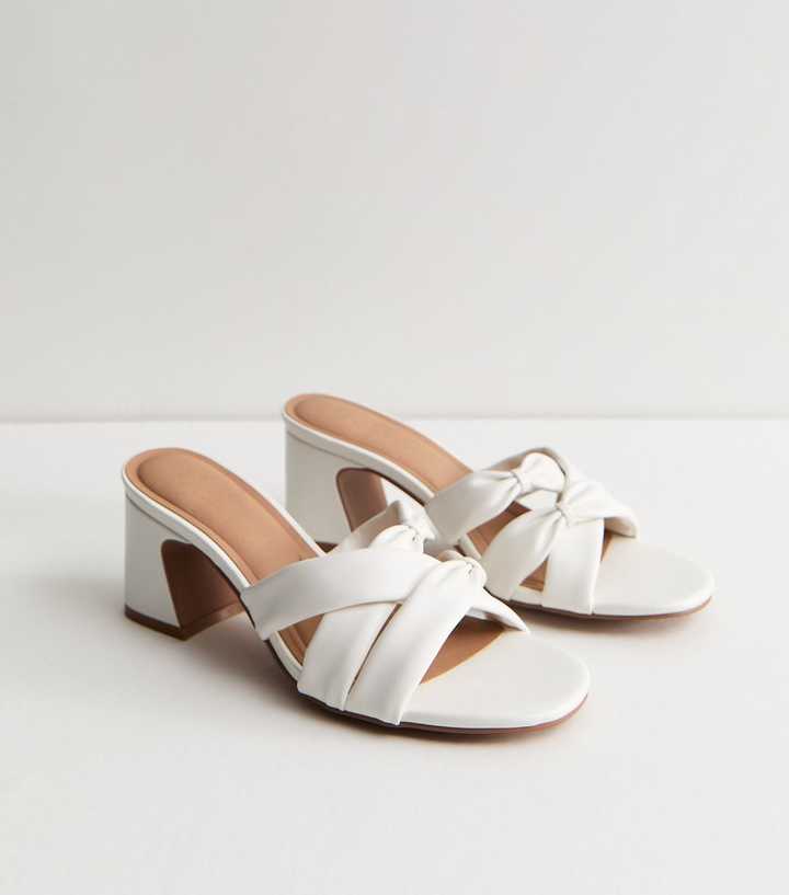 Wide Fit White Faux Leather Knotted Strap Mule Sandals
