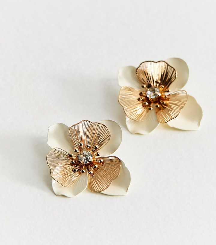 Gold Tone Cream Enamel Flower Stud Earrings
