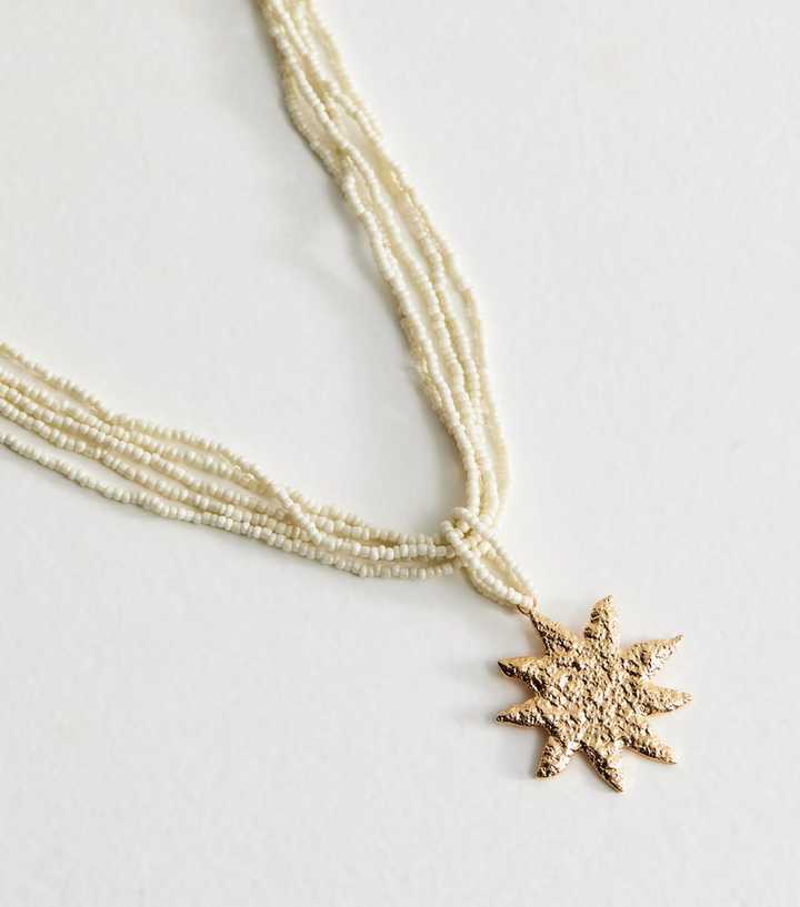 Cream Beaded Beaten Sun Pendant Necklace