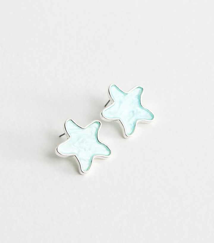 Silver Tone Contrast Centre Star Shaped Stud Earrings
