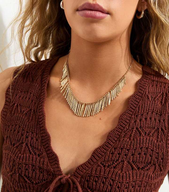 Gold Tone Beaten Texture Tassel Necklace