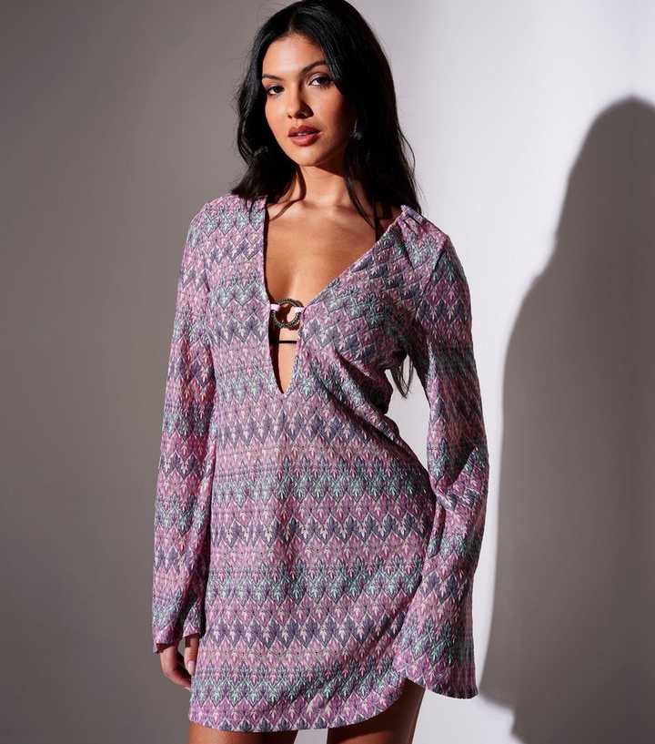 South Beach Purple Chevron Ring Mini Kaftan Dress