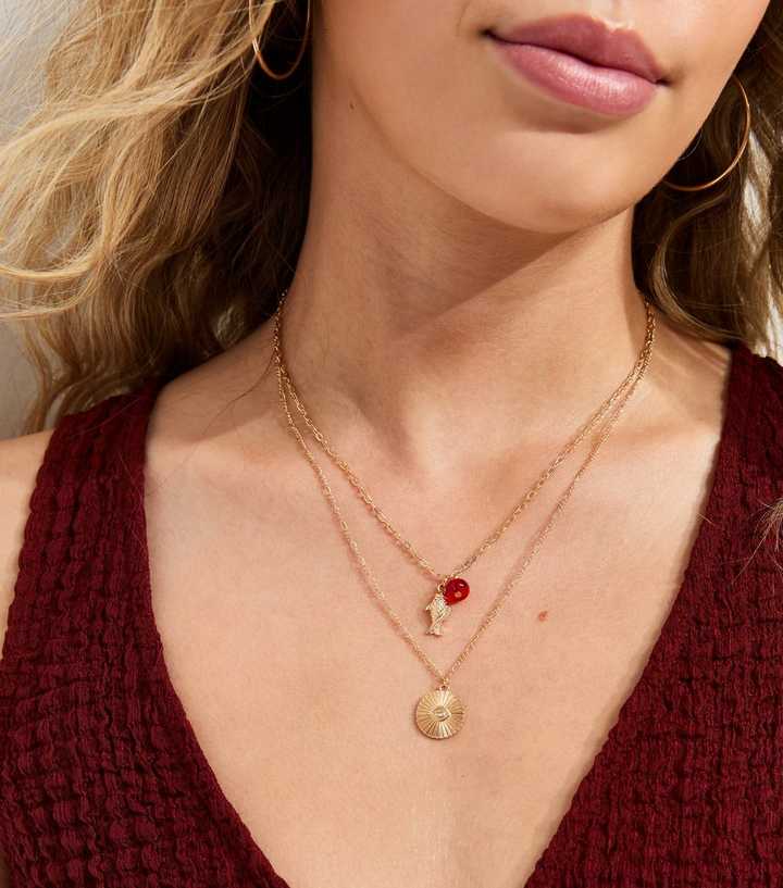 2 Layer Gold Tone Fish Coin Pendant Necklace