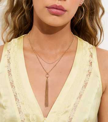 2 Layer Gold Tone Long Tassel Necklace
