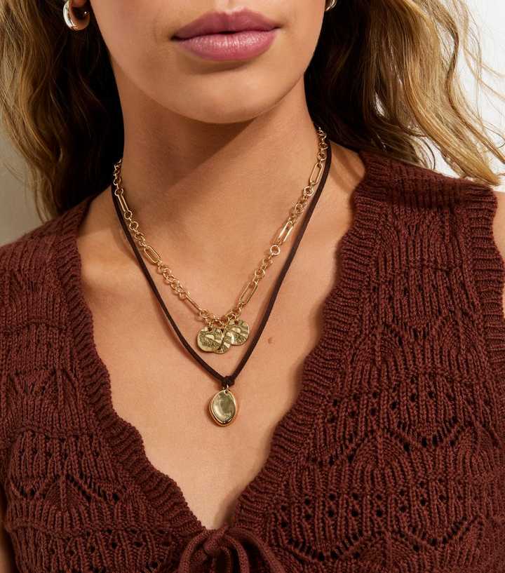 Brown Gold Tone 2 Layer Beaten Coin Necklace