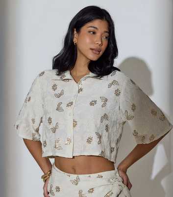 South Beach Oatmeal Sequin Floral Short Sleeve Shirt