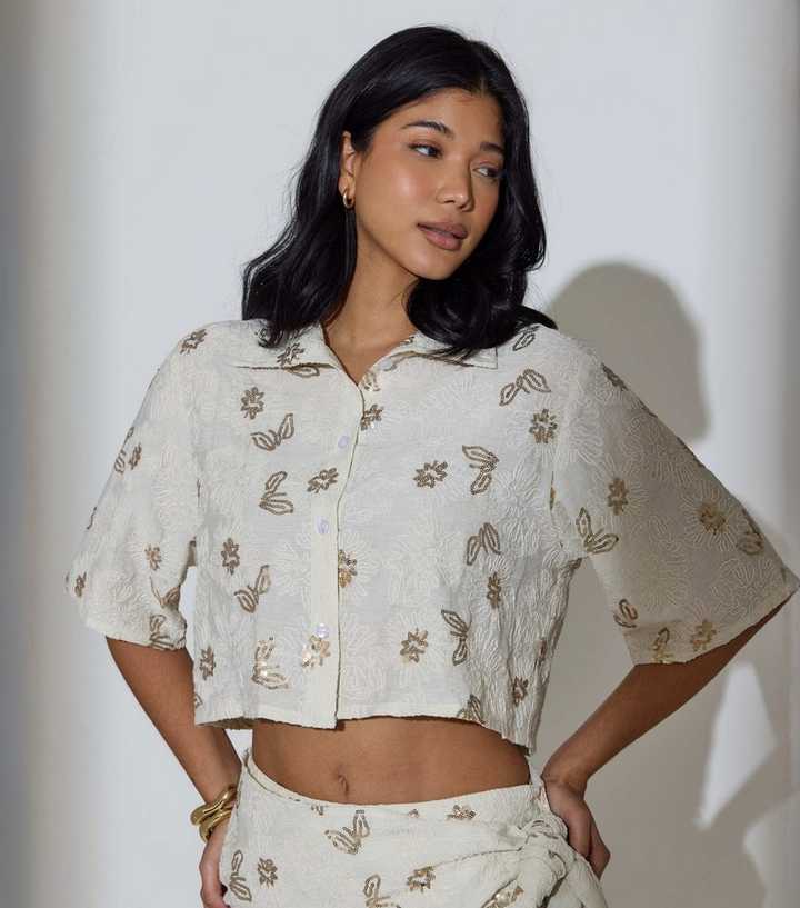 South Beach Oatmeal Sequin Floral Short Sleeve Shirt