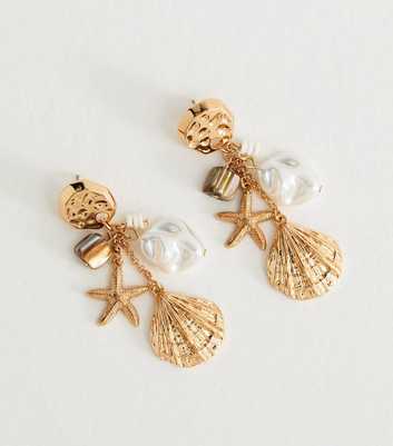 Gold Tone Shell Charm Drop Earrings