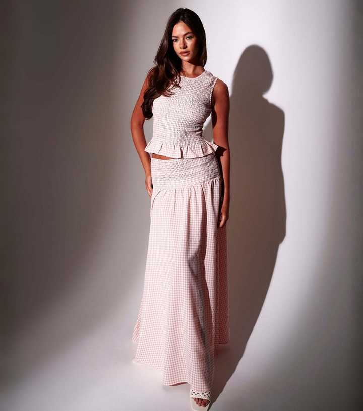 South Beach Light Coral Gingham Shirred Maxi Skirt