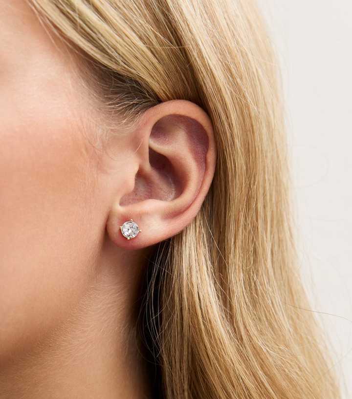 Gold Tone Diamante Encrusted Square Neck Stud Earrings