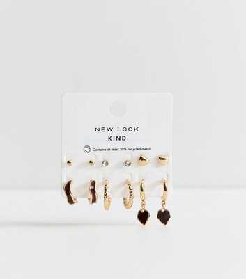 Gold Tone Pack of 6 Mini Heart Stud Brown Enamel Earrings