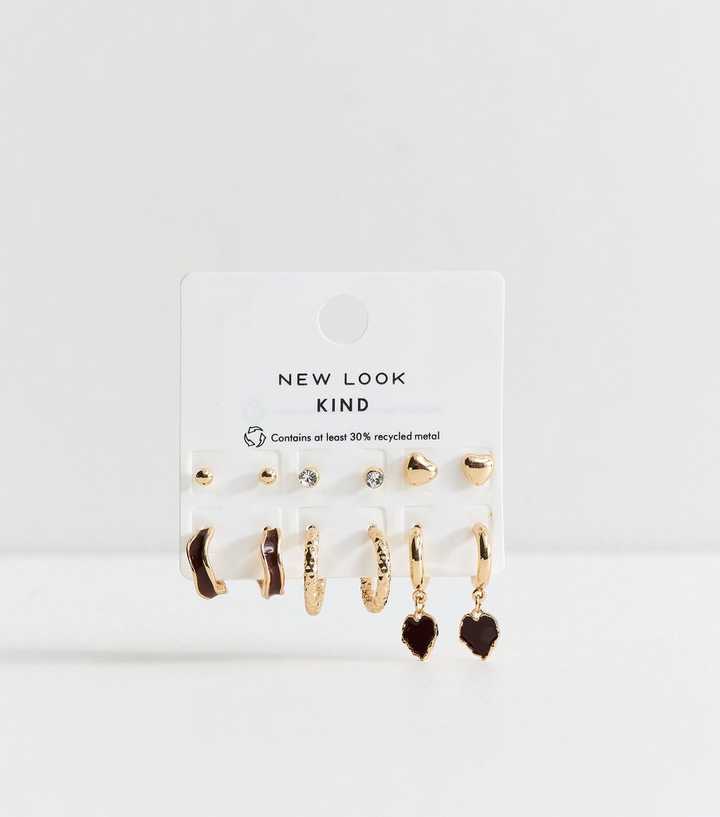 Gold Tone Pack of 6 Mini Heart Stud Brown Enamel Earrings