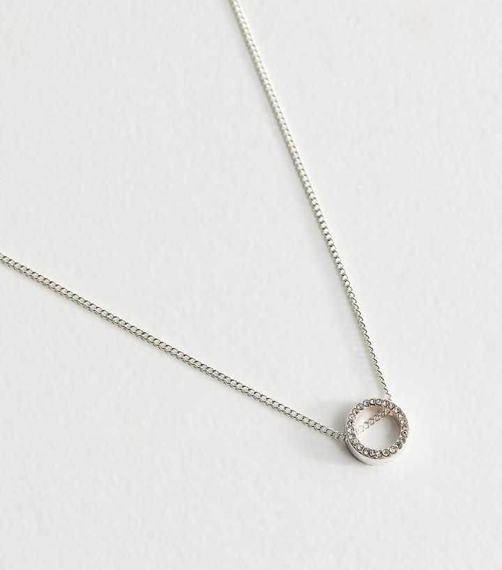 Silver Tone Diamanté Circle Pendant Chain Necklace