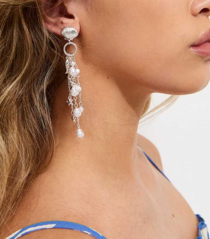 Silver Tone Shell Charm Faux Pearl Drop Earrings
