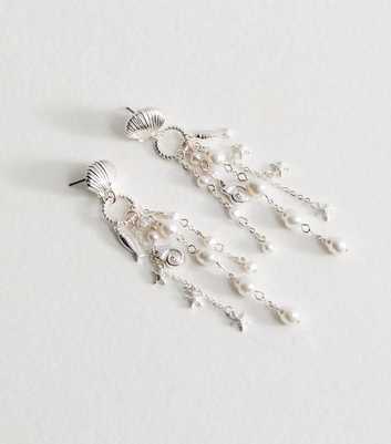 Silver Tone Shell Charm Faux Pearl Drop Earrings