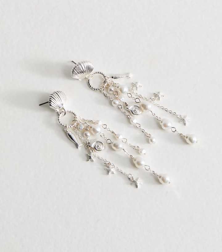 Silver Tone Shell Charm Faux Pearl Drop Earrings