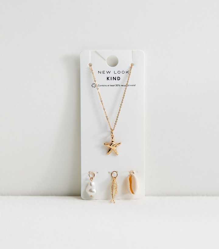 Gold Tone Starfish Costal Charm Chain Necklace