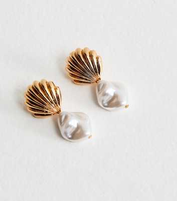 Gold Tone Faux Pearl Shell Drop Earrings