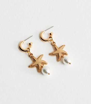 Gold Tone Starfish Faux Pearl Drop Mini Hoop Earrings