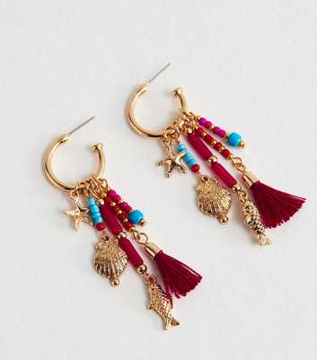 Bright Pink Beaded Tassle Hoop Earrings
