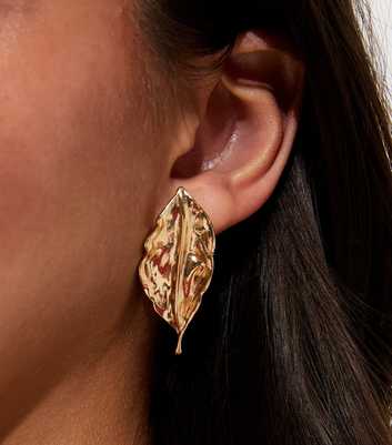 Gold Tone Textured Leaf Stud Earrings