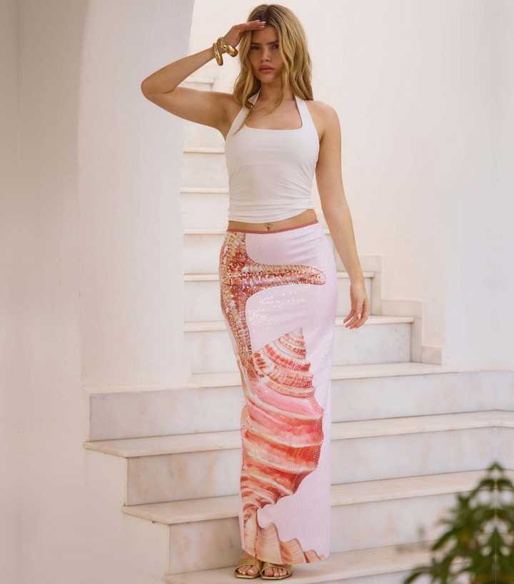 South Beach Light Pink Sequinned Seashell Maxi Skirt