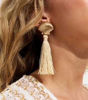 Gold Shell Thread Tassle Drop Earrings