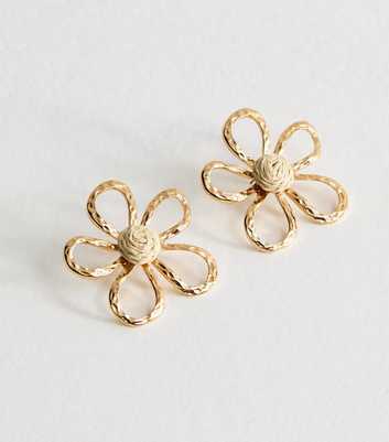 Gold Tone Beaten Flower Stud Earrings