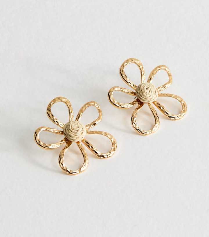 Gold Tone Beaten Flower Stud Earrings
