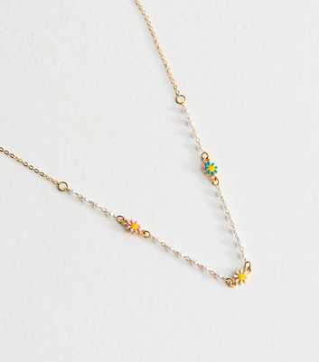 Gold Tone Faux Pearl Flower Chain Necklace