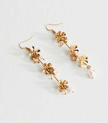 Gold Tone Long Beaded Flower Drop Earrings