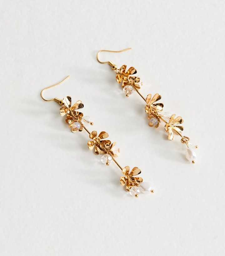 Gold Tone Long Beaded Flower Drop Earrings