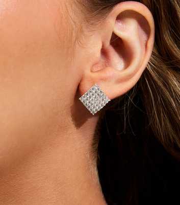 Silver Tone Large Square Diamante Stud Earrings