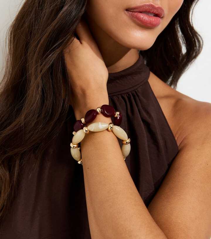 of chunky Pack of 2 Burgundy Resin Bead Bracelets