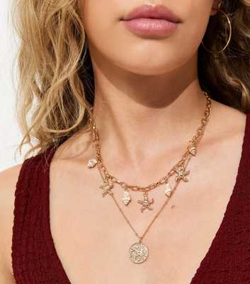 2 Layer Gold Tone Starfish Charm Necklace