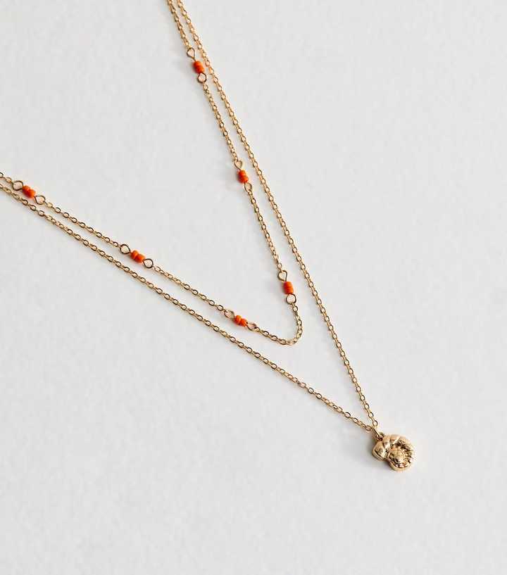 Gold Tone 2 Layer Beaded Shell Pendant Necklace