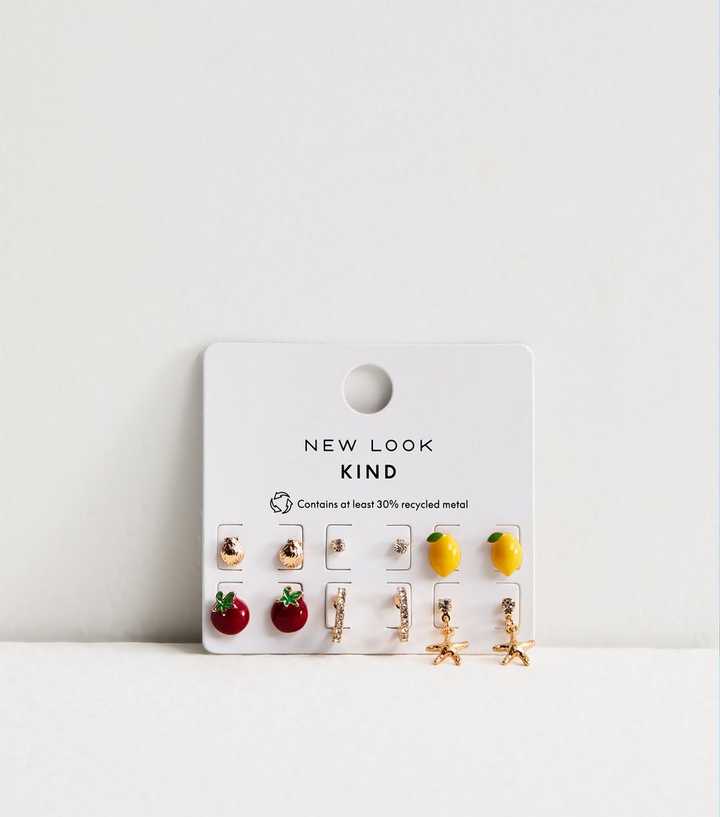 Pack of 6 Gold Tone Fruit Stud and Hoop Earrings